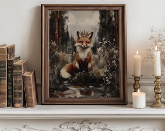 Fox with Crown - Rustic Woodland Animal Wall Art Fall Cottagecore Fox Painting Earthy Neutral Forest Printable Decor 88