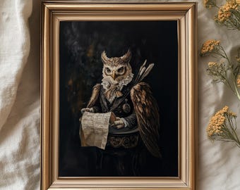 Uil met rol - Dark Academia Animal Wall Art, humeurig Cottagecore-uilschilderij, vintage bibliotheekdecor afdrukbare herfst 113