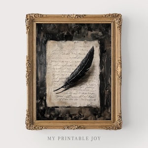 Puede incluir: Una obra de arte enmarcada con una pluma negra sobre un papel envejecido con escritura manuscrita. La obra está sobre un fondo oscuro y texturizado, dentro de un marco dorado ornamentado. El texto "MY PRINTABLE JOY" está en la parte inferior.