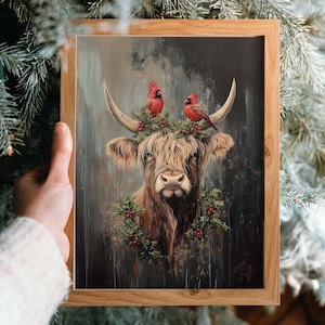 Highland Kuh Weihnachten und Thanksgiving Kunstdruck Kardinal Vögel Rustikal Urlaub Wand Kunst Bauernhaus Dekor Dark Academia Printable Download