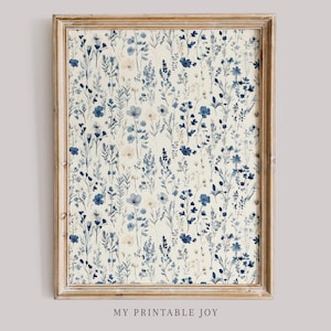 Chinoiserie Floral Pattern Wall Art Vintage Blue Botanical Print Elegant Watercolor Flowers Cottagecore Shabby Chic Home Decor Digital