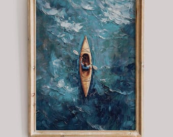 Coastal Kayaker on Blue Sea - Printable Ocean Wall Art, Moody Coastal Landscape, Summer Boat Adventure Painting, Nature Water Scene 12