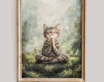 Meditation Cat Wall Art Yoga Inspired Decor Relaxing Home Artwork Zen Animal Printable Art for Mindful Living Spaces and Yoga Lovers
