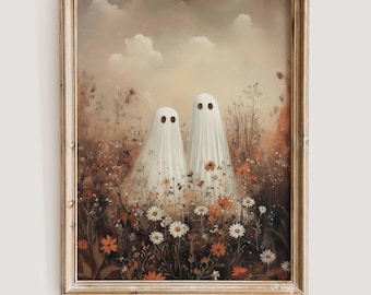 Peut inclure: Deux fantômes blancs se tenant dans un champ de fleurs orange et blanches. Les fantômes ont des yeux noirs et portent des draps blancs. L'arrière-plan est d'une couleur brun clair avec quelques nuages dans le ciel.