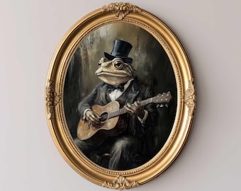 Frosch spielt Gitarre wunderliche dunkel Academia druckbare Vintage Wandkunst Tier Musik Dekor digitaler Download einzigartiges Haus Kunstwerk