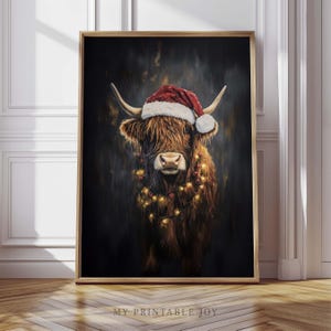 Highland Cow Christmas Art Print Santa Hat Rustic Farmhouse Holiday Wall Art Dark Academia Printable Digital Download