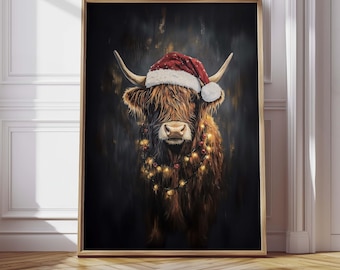 Highland Cow Christmas Art Print Santa Hat Rustic Farmhouse Holiday Wall Art Dark Academia Printable Digital Download