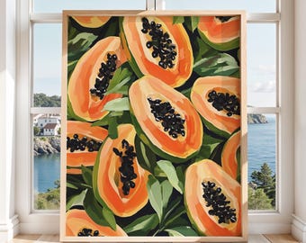 Estampa de mamão - Arte de parede tropical de verão excêntrica, decoração de cozinha com frutas vintage, pôster botânico ousado para impressão 146