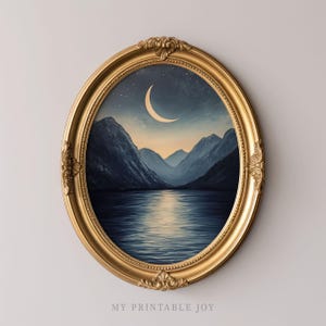 Mondschein Bergsee Wand Kunst Gelassener Nachthimmel Landschaft Druck Celestial Moonlit ruhiges und blaues Dekor für Ästhetik