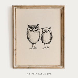 Vintage Owl Pair Sketch – Whimsical Print Black Ink Woodland Funny Animal Drawing Rustic Nature Wall Art Cottagecore Forest Printable Art 38
