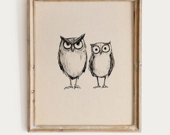 Vintage Owl Pair Sketch – Whimsical Print Black Ink Woodland Funny Animal Drawing Rustic Nature Wall Art Cottagecore Forest Printable Art 38