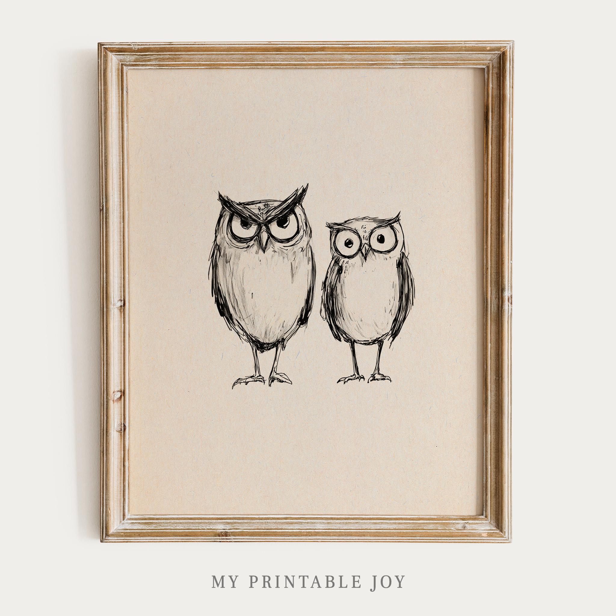 Vintage Owl Pair Sketch &ndash; Whimsical Print Black Ink Woodland Funny Animal Drawing Rustic Natur