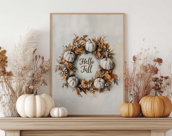 Hello Fall Pumpkin Wreath Art Print Autumn Wall Art Cozy Fall Decor Rustic Farmhouse Printable Digital Download
