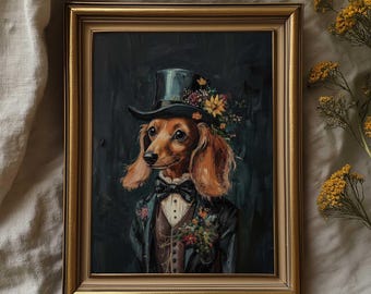 Dachshund Reading Book Whimsical Dark Academia Printable Vintage Wall Art Booklover Bookish Gift Animal Decor Digital Download Artwork