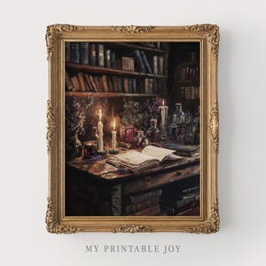 May include: A framed print depicting a dimly lit study with a wooden desk, bookshelves, and lit candles. The desk holds an open book, bottles, and dried herbs. The frame is ornate with a gold finish. The overall theme is vintage and mystical.