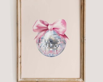 Kokette Neujahr Disco Ball Wand Kunst Druck Rosa Schleife Digital Download Modernes Neues Jahr 2025 Geburtstag Tanzen Dekor Stilvolles Kunstwerk Geschenk