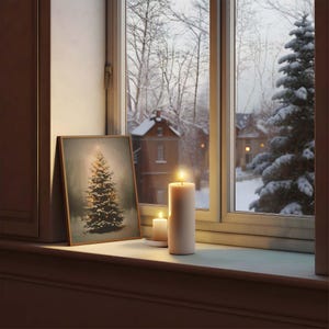 Peut inclure: Une impression encadr&eacute;e d'un sapin de No&euml;l recouvert de neige avec des lumi&egrave;res, pos&eacute;e sur un rebord de fen&ecirc;tre avec deux bougies allum&eacute;es. La fen&ecirc;tre donne sur une sc&egrave;ne hivernale enneig&eacute;e.