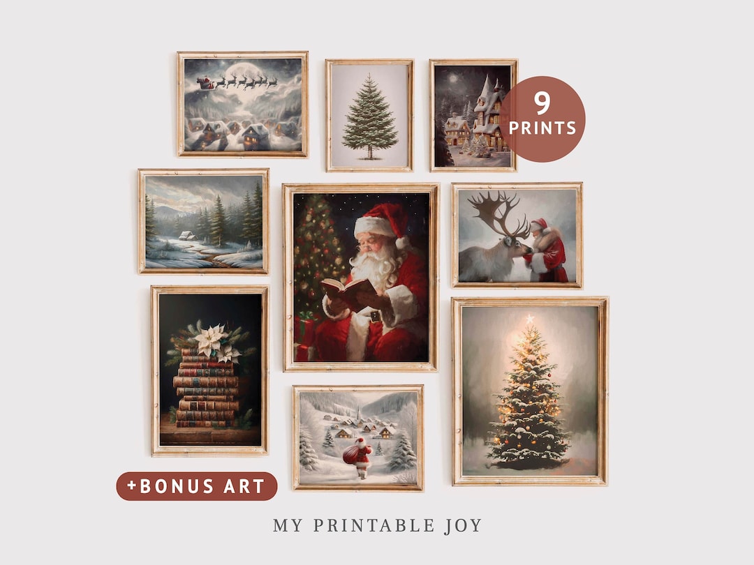 Vintage Christmas Gallery Wall Set 9 Winter Holiday Prints Rustic ...