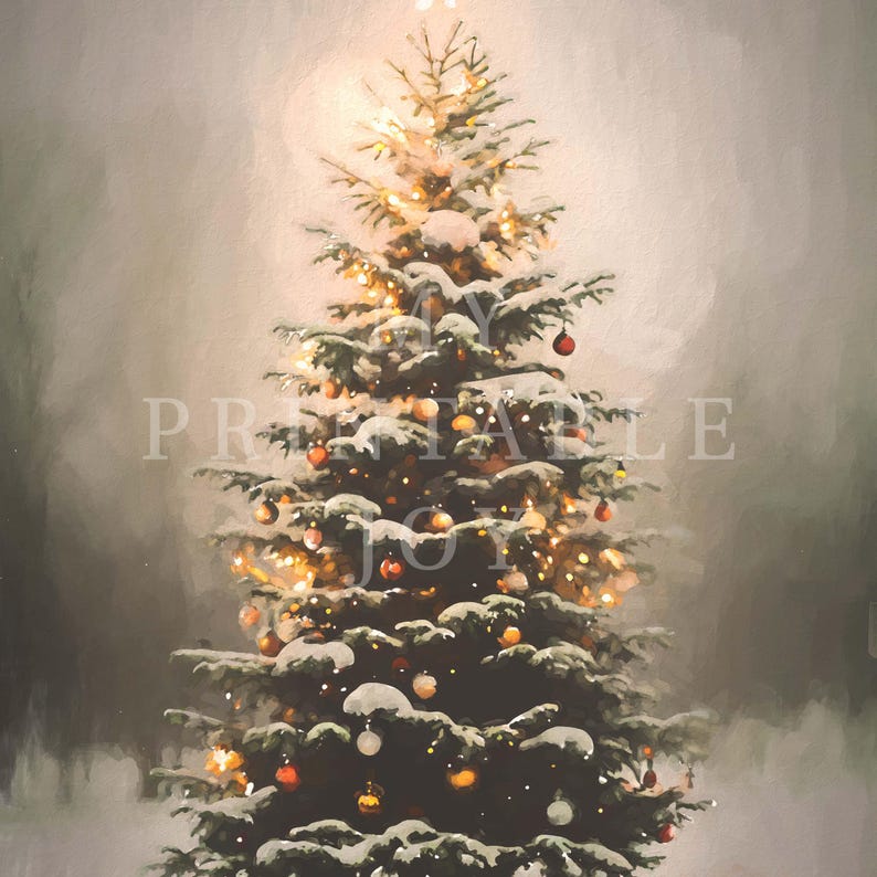 Peut inclure: Un sapin de No&euml;l enneig&eacute; avec des lumi&egrave;res scintillantes et des ornements rouges et dor&eacute;s. L'arbre se trouve dans un d&eacute;cor brumeux et hivernal.