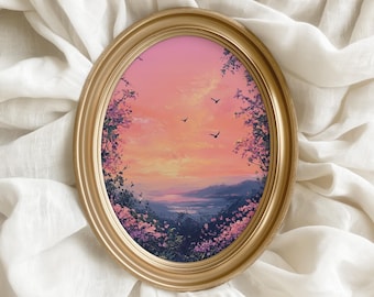 Pink Sunset and Flying Birds - Romantic Nature Wall Art Cottagecore Evening Sky Painting Whimsical Landscape Printable 206