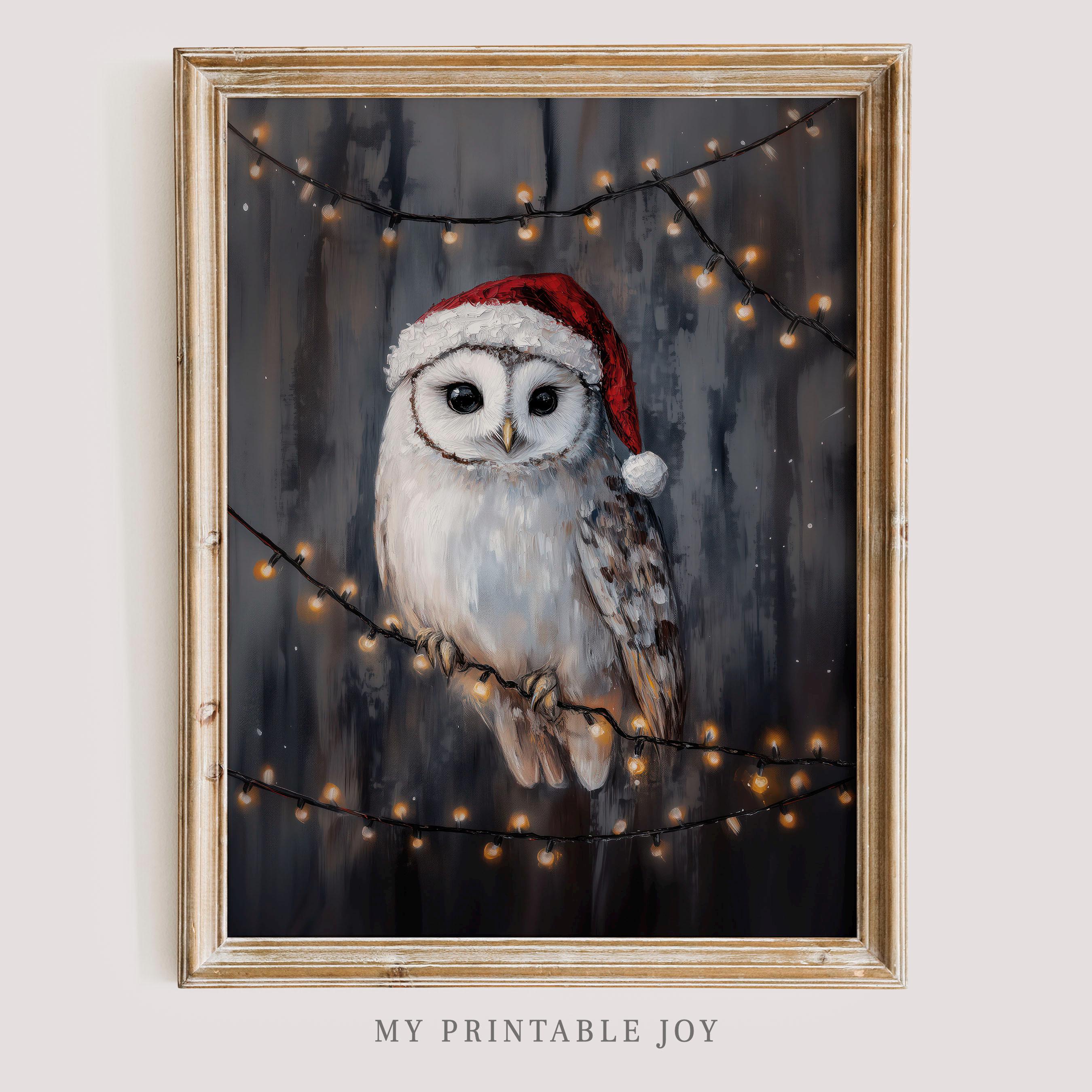 Vintage Owl Christmas Wall Art Rustic Santa Hat Winter Woodland Holiday Print Cozy Festive Digital D