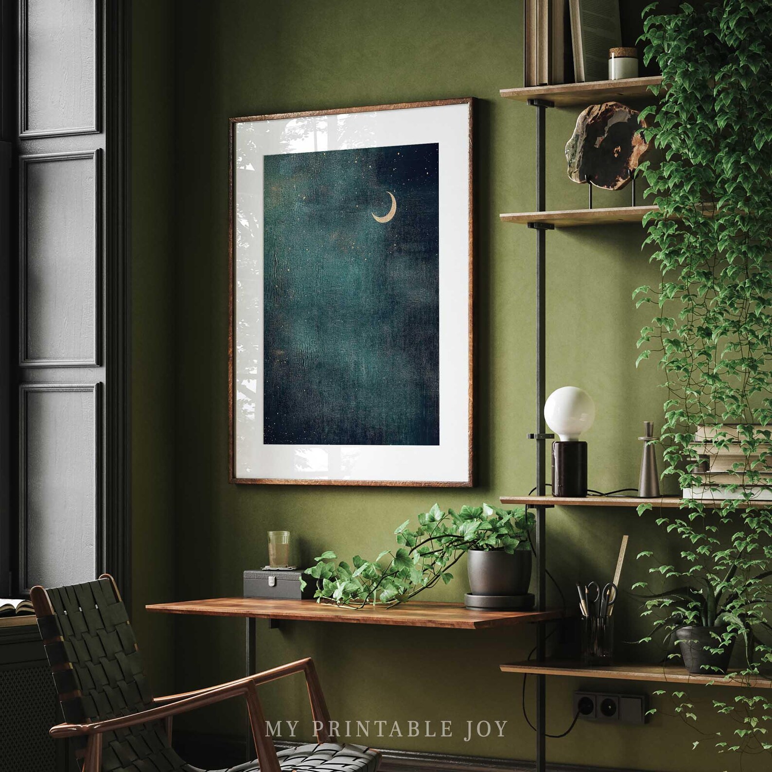 Crescent Moon Night Sky Print Dark Celestial Wall Art Minimalist Moon ...