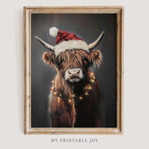 Highland Cow Christmas Art Print Santa Hat Holiday Wall Art Rustic Farmhouse Decor Dark Academia Printable Digital Download