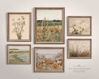 Set of 6 Wildflower Field Art Prints | Vintage Landscape Printables | Country House, Flower Meadow | Digital Gallery Wall Set