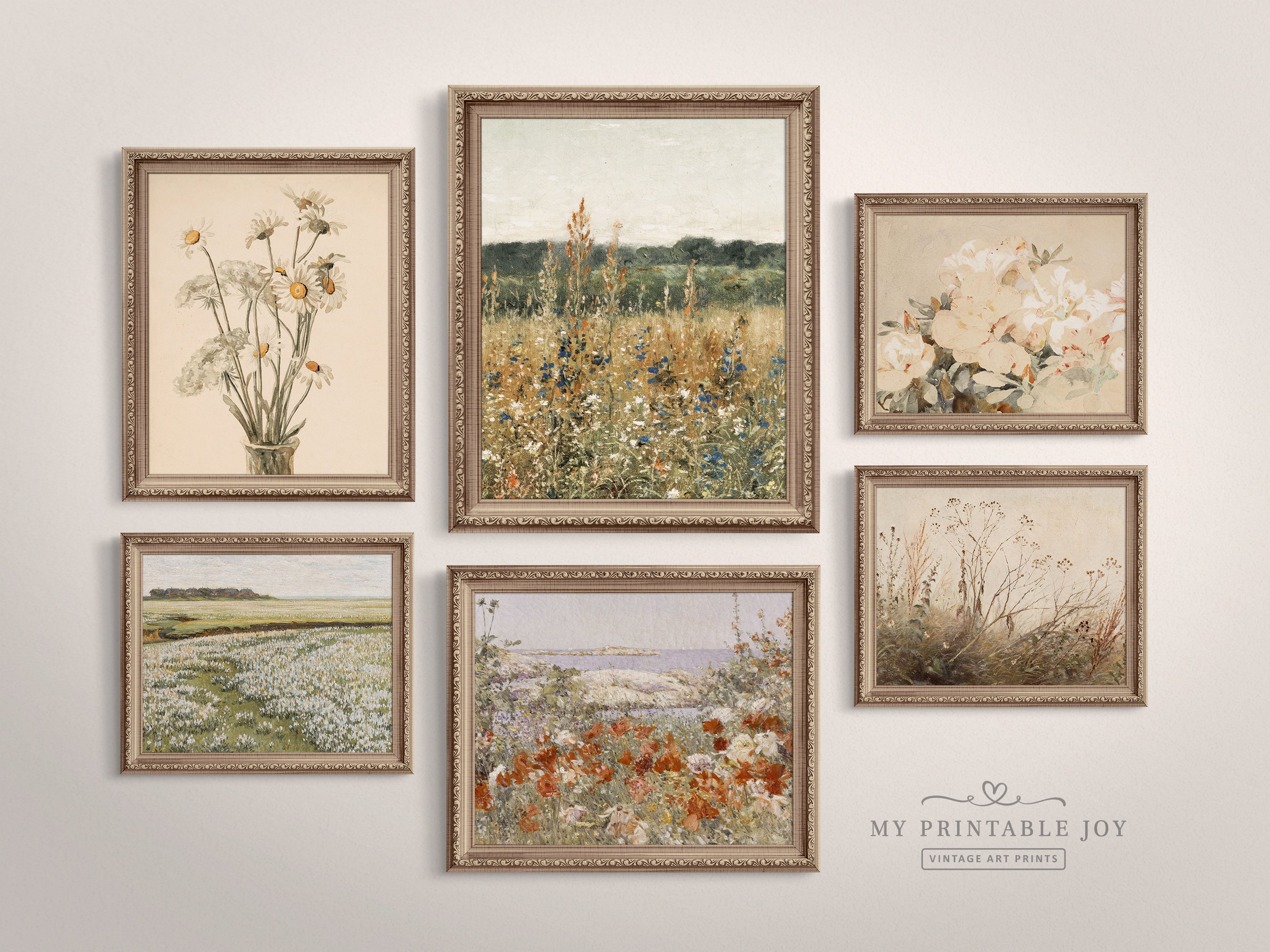 Set of 6 Wildflower Field Art Prints | Vintage Landscape Printables ...