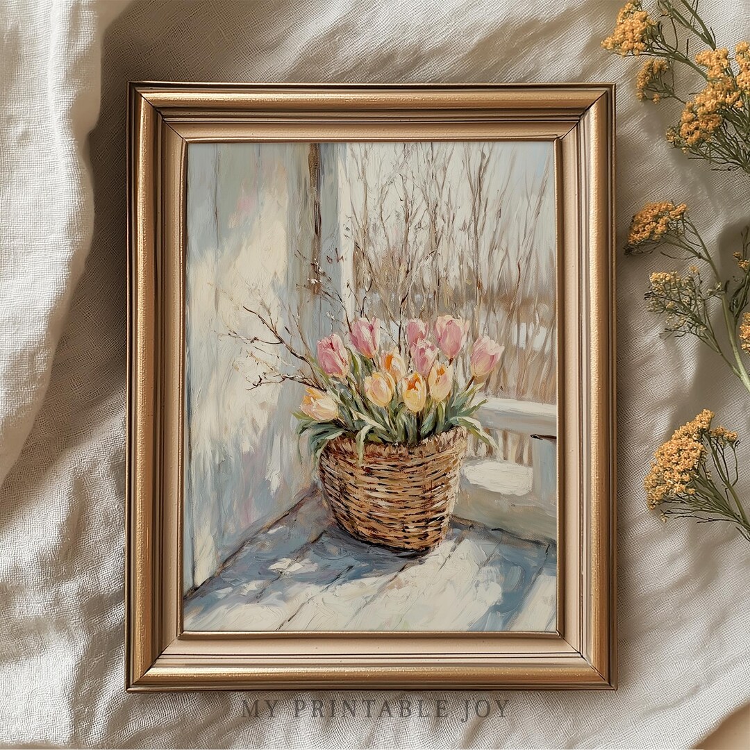 Rustic Cottagecore Floral Wall Art - Pink and Peach Tulips, Vintage ...