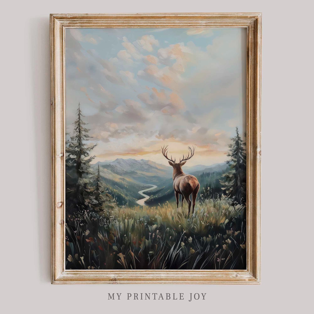 Majestic Deer Mountain Landscape Wall Art Scenic Nature Painting ...