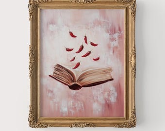 Vintage Open Book with Falling Peppers- Printable Oil Painting Art, Bookish Cottagecore Decor, Rustic Whimsical Wall Art, Neutral Tones 303