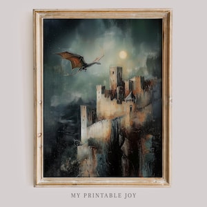 Fantasy Dragon Castle Wall Art Print Dark Academia Vintage Home Decor for Booktok Fans and Magical Inspired Spaces