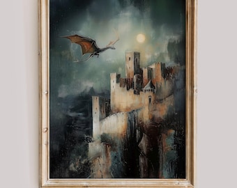 May include: A painting of a dark grey dragon flying over a stone castle in a stormy sky. The moon is visible in the sky, and the castle is perched on a cliff.