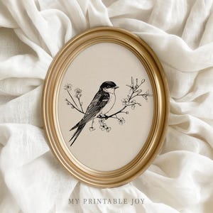 Könnte beinhalten: Ein ovaler, goldfarbener gerahmter Druck mit einer Schwarz-Weiß-Illustration eines Vogels, der auf einem blühenden Zweig sitzt. Das Kunstwerk befindet sich vor einem cremefarbenen Hintergrund. Der Text "MY PRINTABLE JOY" befindet sich unten.