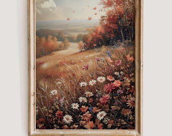May include: A framed painting of a landscape with a field of wildflowers in the foreground. The field is a mix of yellow, orange, red, and white flowers. The background is a distant forest with a blue sky and white clouds.