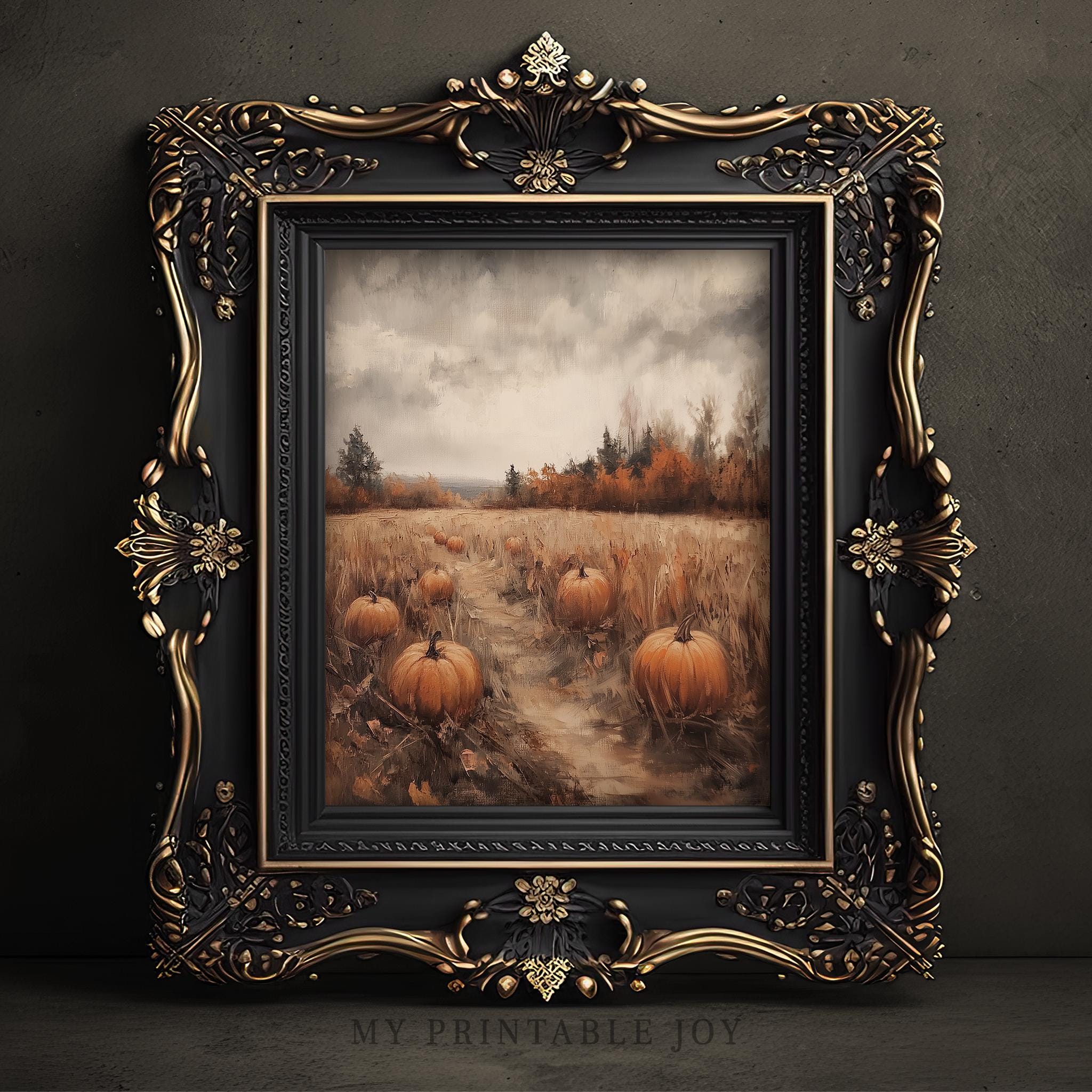Vintage Pumpkin Field Oil Painting - Rustic Fall Landscape, Cottagecore ...