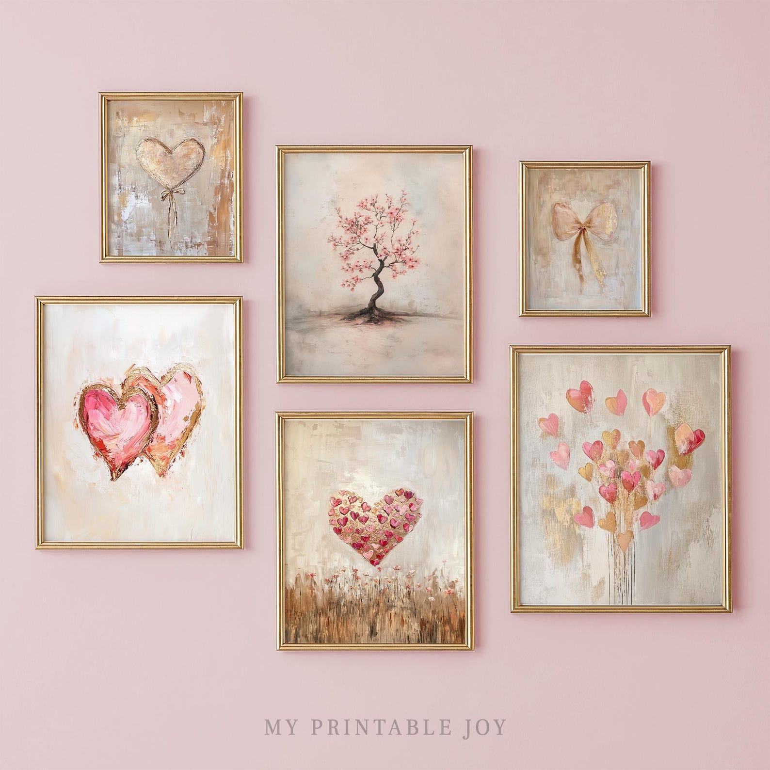 Romantic Valentine Printable Wall Art Set of 6, Beige Gold Heart ...