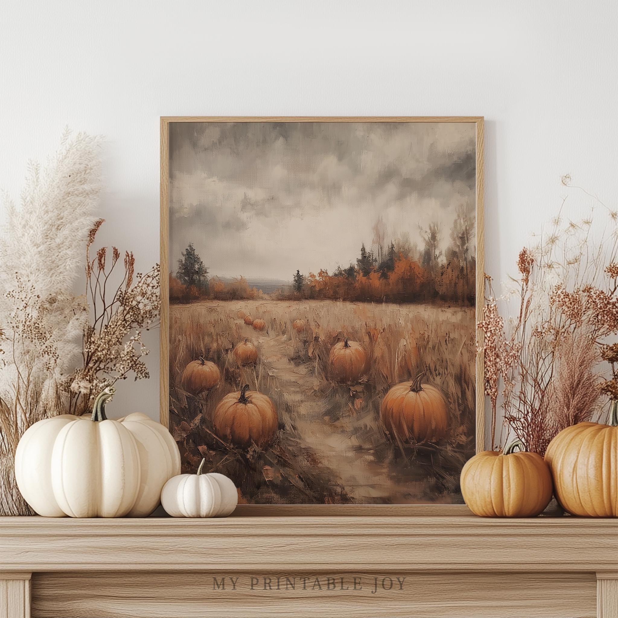 Vintage Pumpkin Field Oil Painting - Rustic Fall Landscape, Cottagecore ...