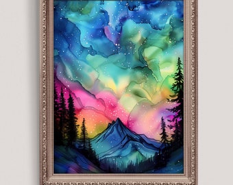 Printable Northern Lights Print, Aurora Borealis Painting, Alaska Decor, Colorful Wall Art, Abstract Watercolor, Digital Download N001