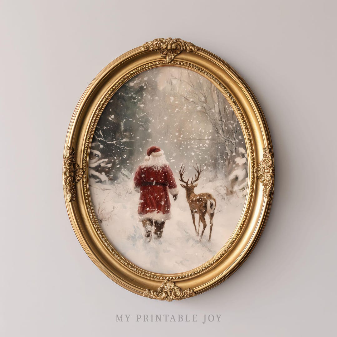 Santa and Deer Wall Art Winter Forest Scene Digital Download Rustic ...