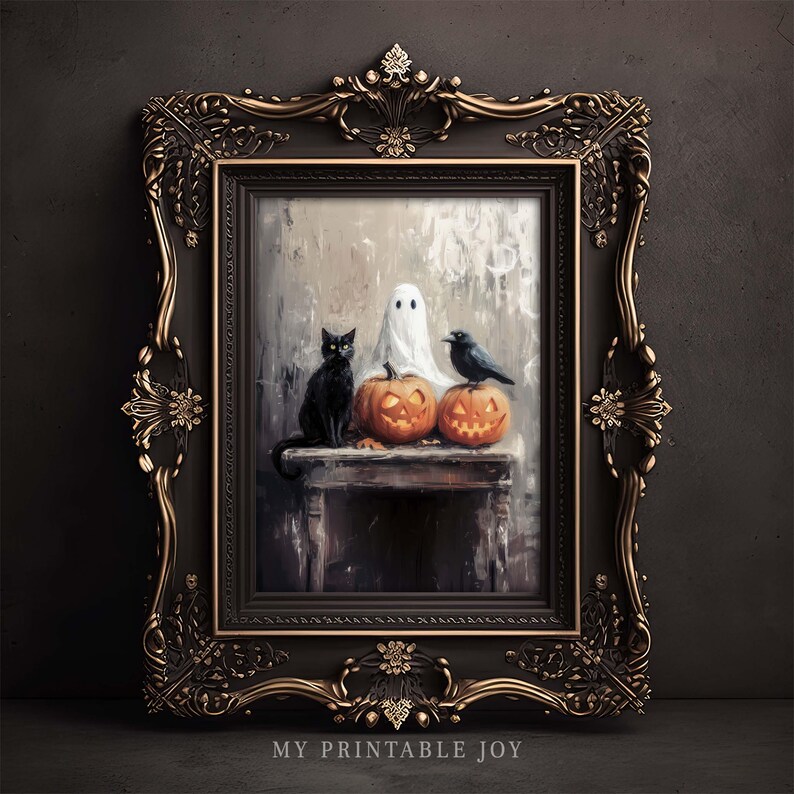 Ghost and Black Cat Halloween Art Print Vintage Spooky Decor Pumpkin ...