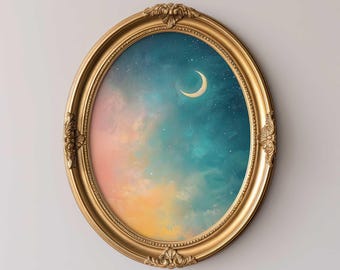 Impressão de céu de pôr do sol de lua crescente Boho Celestial Arte de parede Galáxia sonhadora Noite estrelada Nuvens pastel Estética Fase da lua Download digital