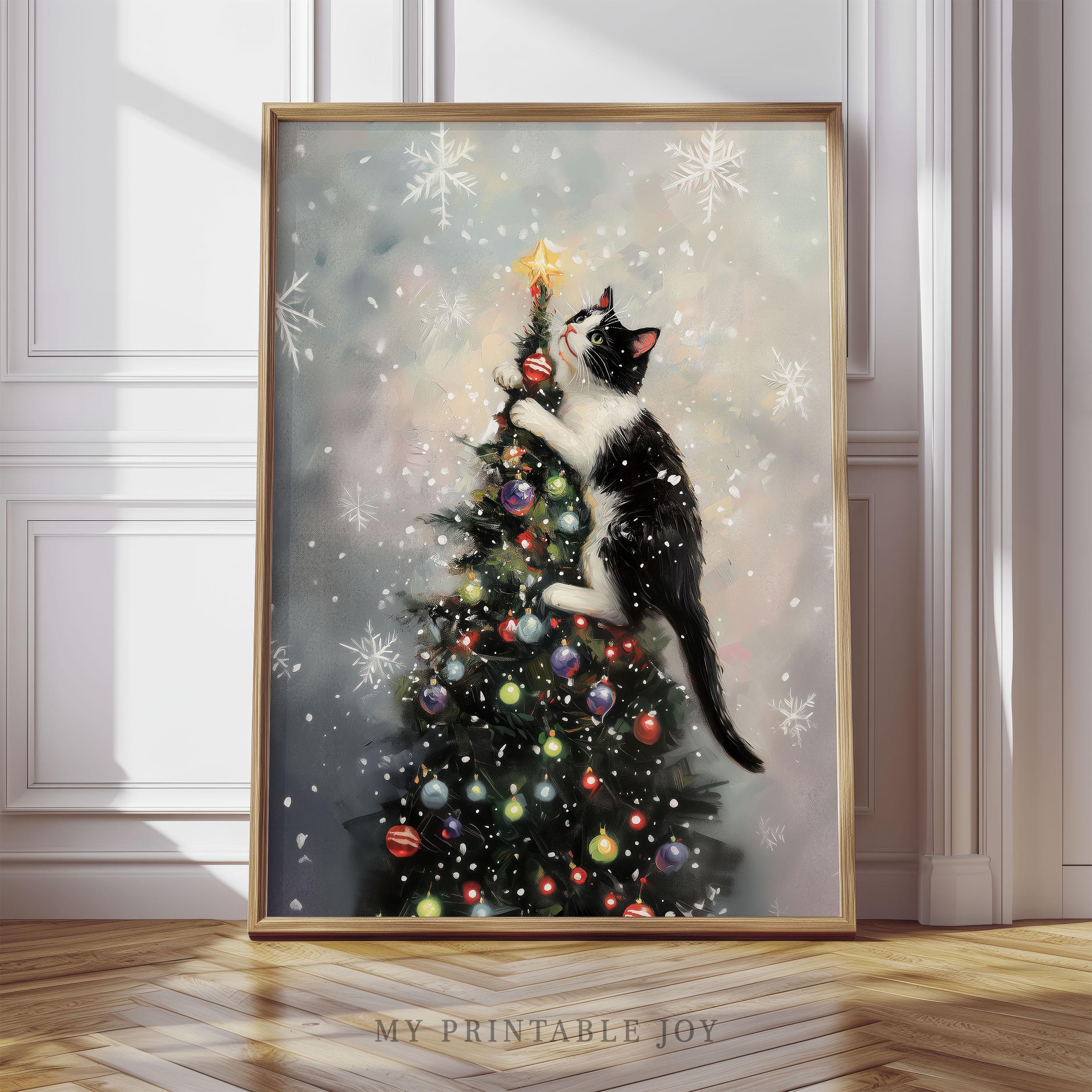 Christmas Cat Wall Art Funny Holiday Decor Digital Download Cute