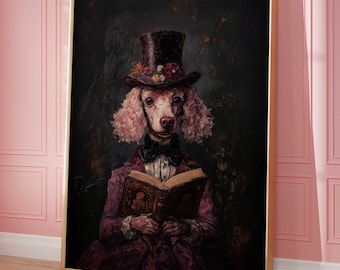 Pink Poodle with Flowers and Book Whimsical Dark Academia Printable Vintage Wall Art Booklover Bookish Gift Animal Decor Digital Download