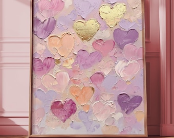 Romantic Heart Art - Vintage-Inspired Pastel Printable, Impasto Layers with Gold Accents, Soft Pink Cottagecore Decor, Instant Download 715