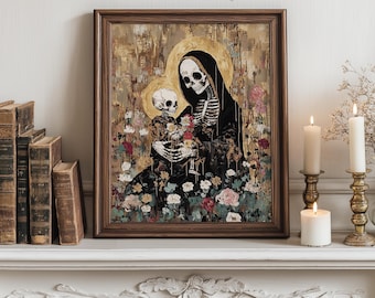 Vintage Skeleton Family Portrait, Printable Halloween Wall Art, Whimsical Oil Painting, Rustic Floral Skeleton Décor, Fall Home Decor 468