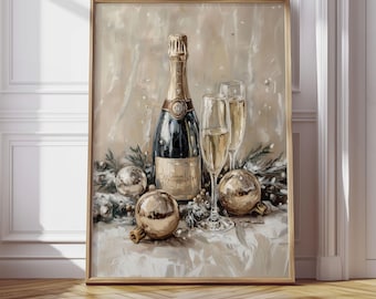 Champagne Bottle and Glasses Wall Art Elegant Holiday Print New Year Celebration Decor Festive Party Artwork for Home and Dining Room