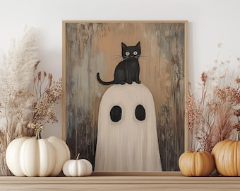 Black Cat on Ghost Painting Whimsical Halloween Wall Art Autumn Printable Cute Fall Decor Spooky Cottagecore Print 250
