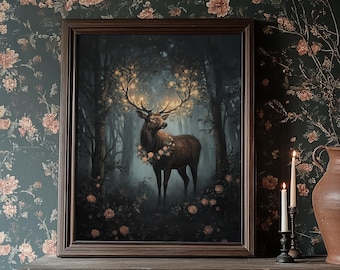 Deer in Forest Under Moon - Magical Woodland Animal Wall Art, Enchanted Nature Painting, Cottagecore Winter Night Printable Decor 116